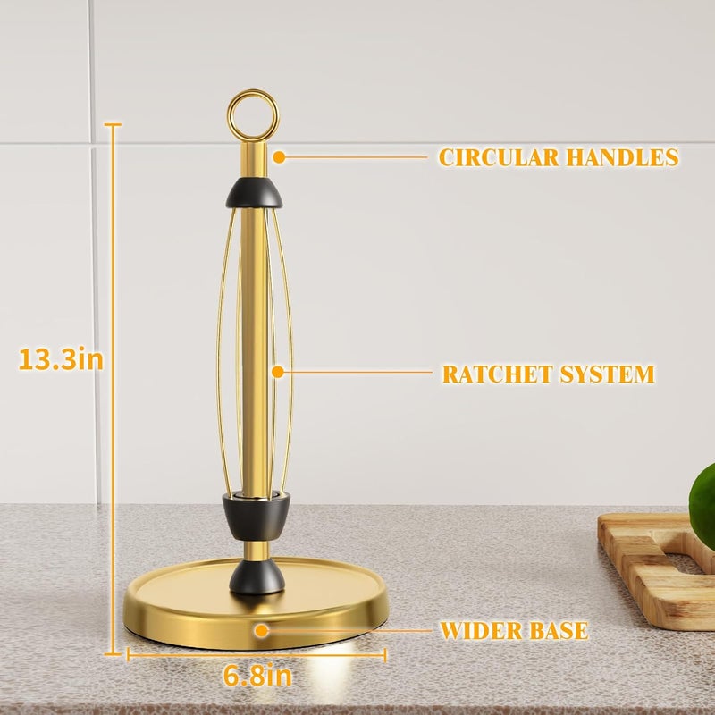 HZE Gold Paper Towel Holder Countertop, Gold Kitchen Accessories Decor, One-Handed Tear, Stainless Steel, Weighted Base, Ring Paper Towel Holder Stand with Ratchet System for Kitchen Farmhouse Essentials - Image 4